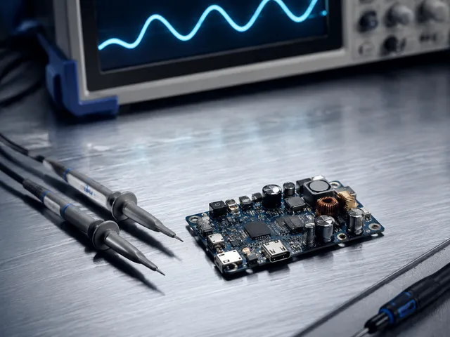 AI-generated illustration of probes and a charging circuit on an electronics bench; not a measurement record.