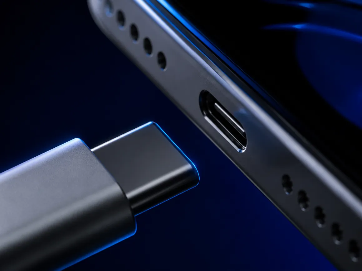 AI-generated illustration of a USB-C connector beside a phone port under blue rim lighting.